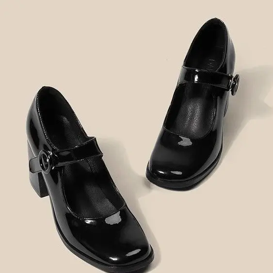

Sexy Fashion Mary Jane Shoes Women's Retro British Style Black High Heel Buckle Thick Heel Square Head Single Shoes Women