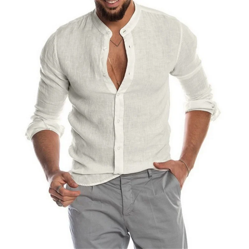 2023 New Men\'s Solid Color Linen Long Sleeve Shirt Stand Collar Cardigan Long Sleeve Loose Men\'s Shirt