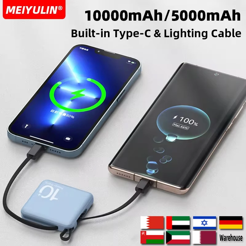 10000mAh Mini Power Bank Built-in Type C Cable 5000mAh Portable Fast Charging Mobile External Battery for iPhone Xiaomi Samsung