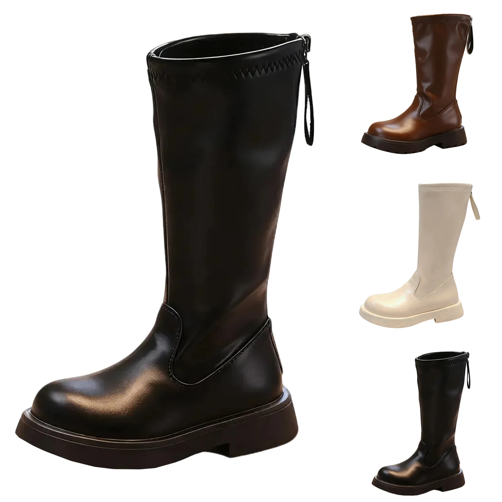 Children Long Boots Solid Color Knee-high Autumn Kids Boot Soft Pu Leather Trendy Zipper Light Comfy All-match Girl's Shoes