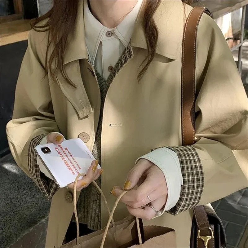 

Тренч-ветровка 2025 г., женские осенние пальто, повседневная верхняя одежда с длинными рукавами и лацканами, уличная куртка, винтажное свободное пальто