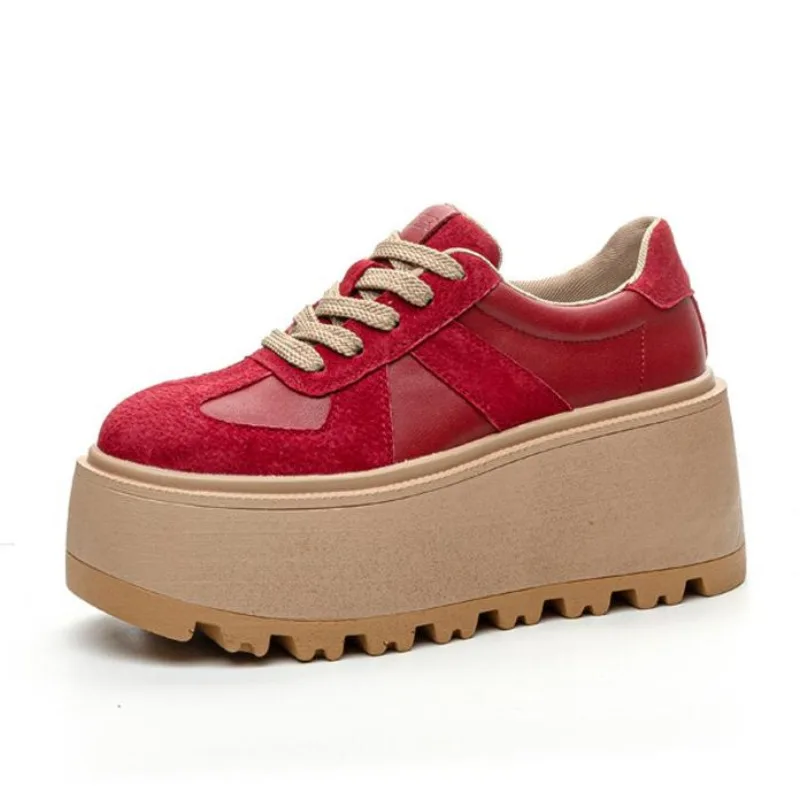 Hochwertige 8cm echtes Leder atmungsaktive Mode klobige Sneaker Wohnungen Stiefeletten Stiefel Frühling Herbst Frauen vulkan isieren Schuhe