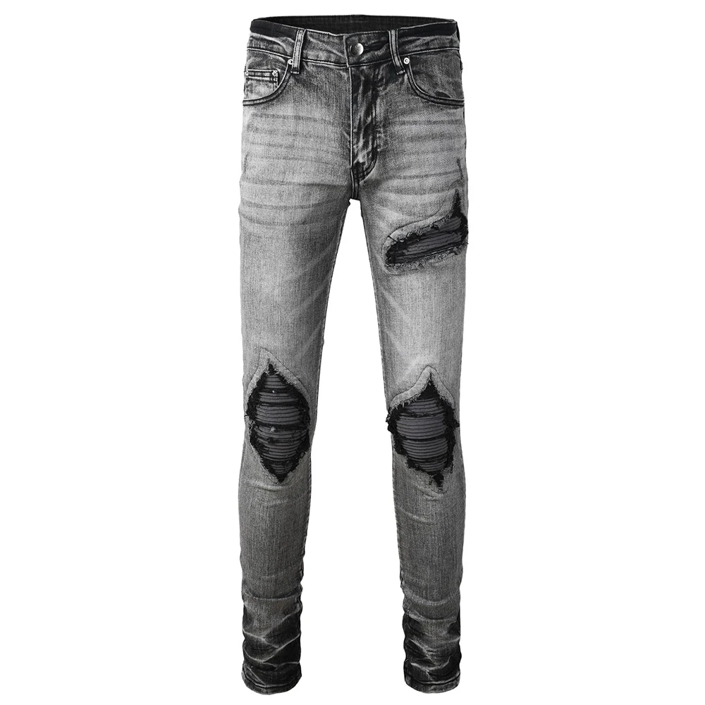 Men's Streetwear Skinny Jeans Pleated Flannel Patch Stretch Denim Pants Distressed Patchwork Tapered Trousers Gray Black