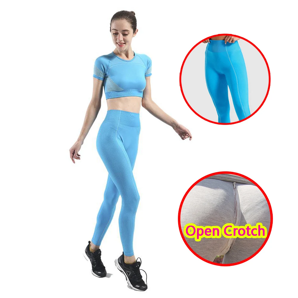 Woman Sexy Open Crotch Yoga Leggings Adult Outdoor Sex Crop Top Fitness Hidden Zipper Elastic Booty Lifting Crotchless Panties