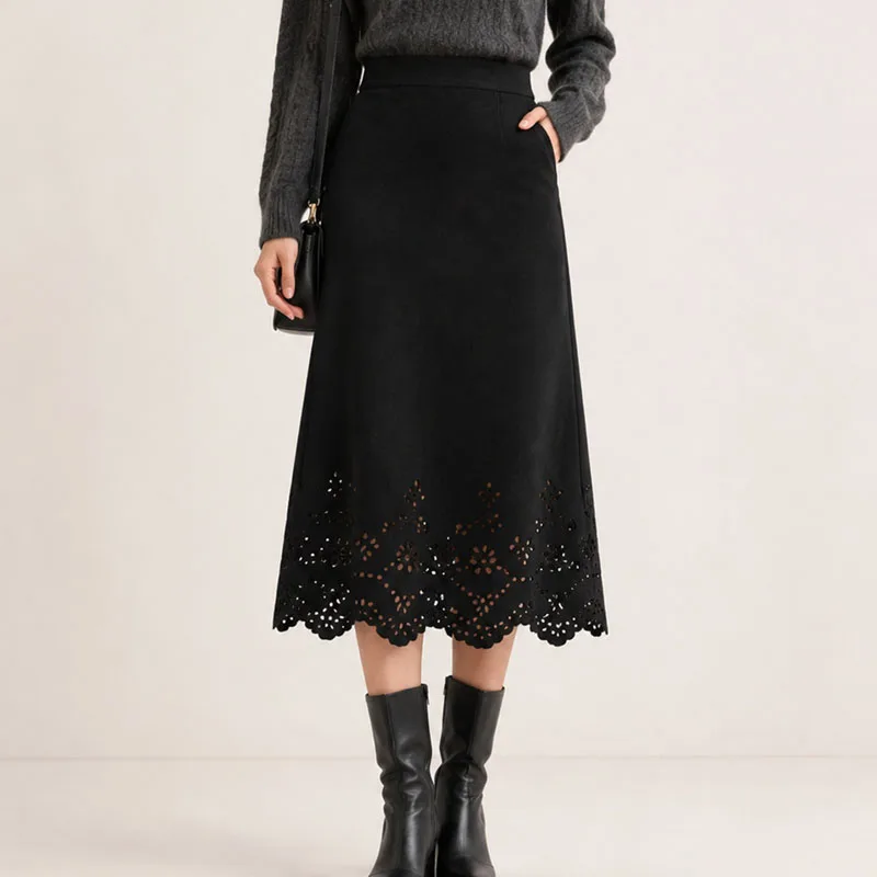 Retro Boho Solid Skirt Women High Waist Suede A‑Line Silhouette Floral Scalloped Hem Skirt Western Fall Winter Casual Long Skirt