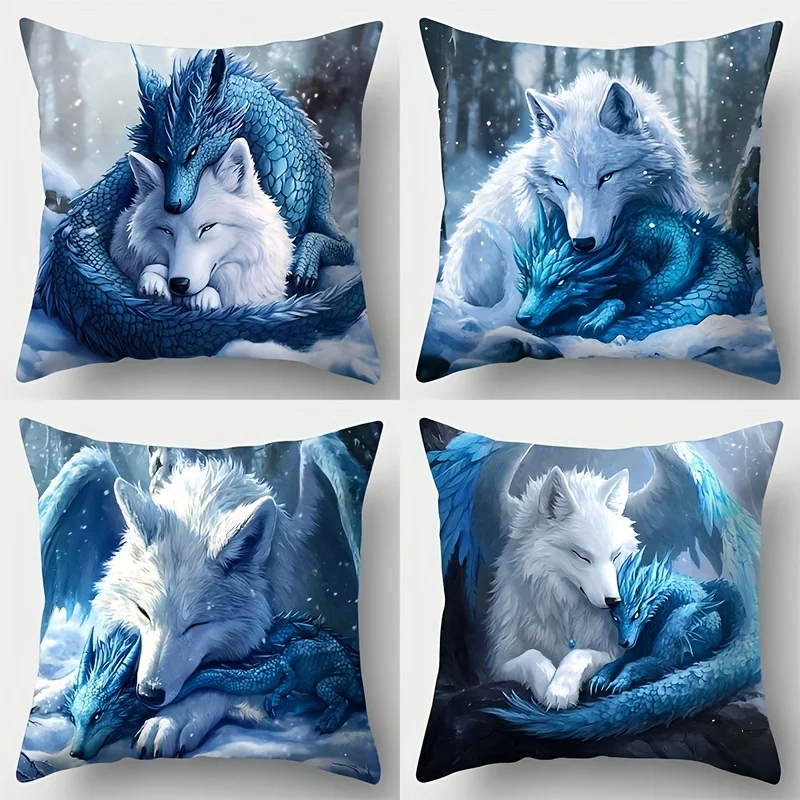 

4pcs Wolf & Dragon Pillow Covers – Single-Sided Print, Stylish Sofa Cushion Covers for Home Decor