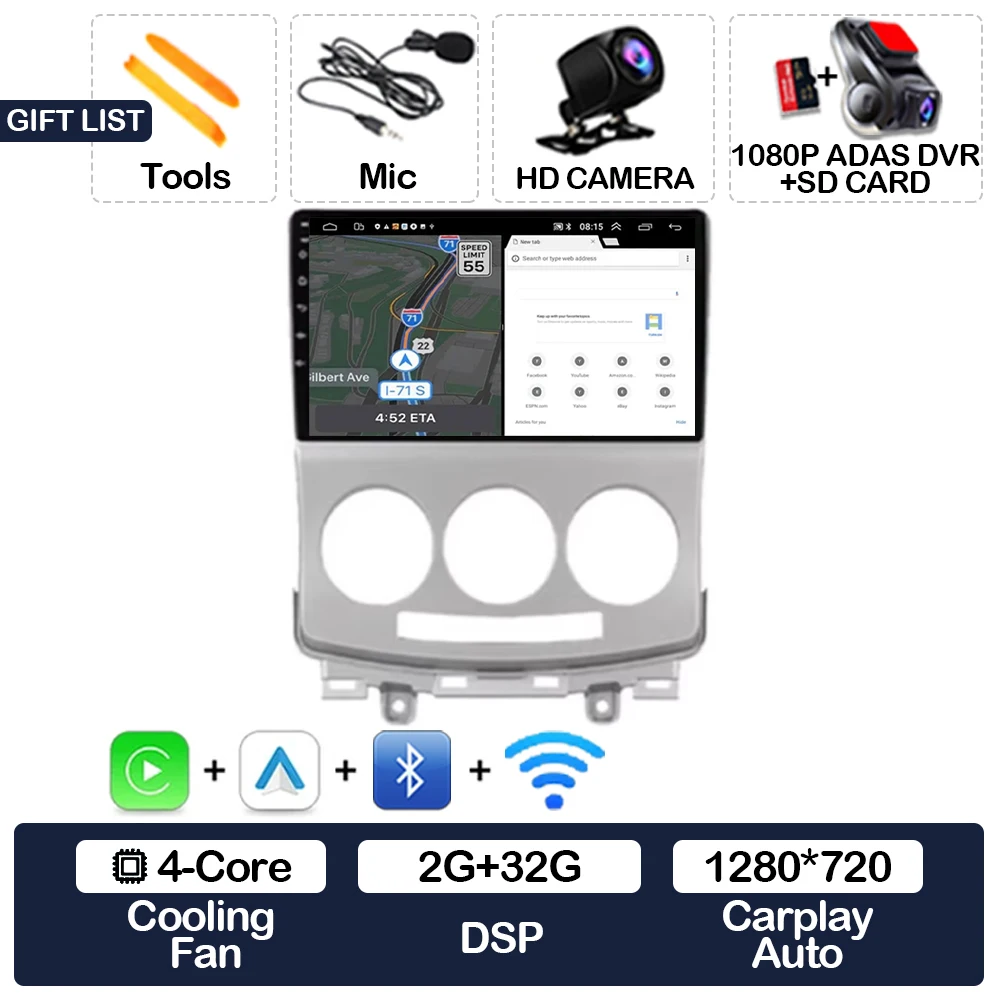Android 16 autoradio voor MAZDA 5 Mazda5 2005 - 2010 Carplay Auto Multimedia Stereo Videospeler NAVI GPS Head Unit 4G WIFI 2DIN