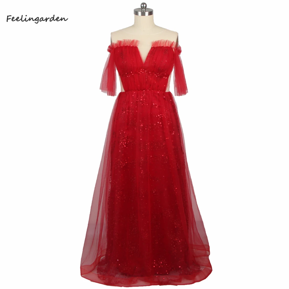 

Feelingarden Evening Dresses illusion O-neck Short Sleeves Burgundy Beading Pleat Floor Length Plus size Women Party Dress K351