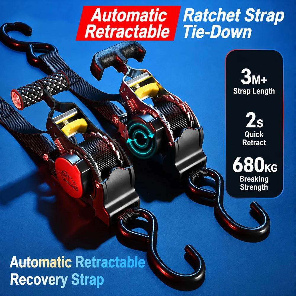 Retractable Ratchet Tie Down Straps 1,209lb Guaranteed Max Break Strength Autoretract Downs Use for Boat Securing Cargo New