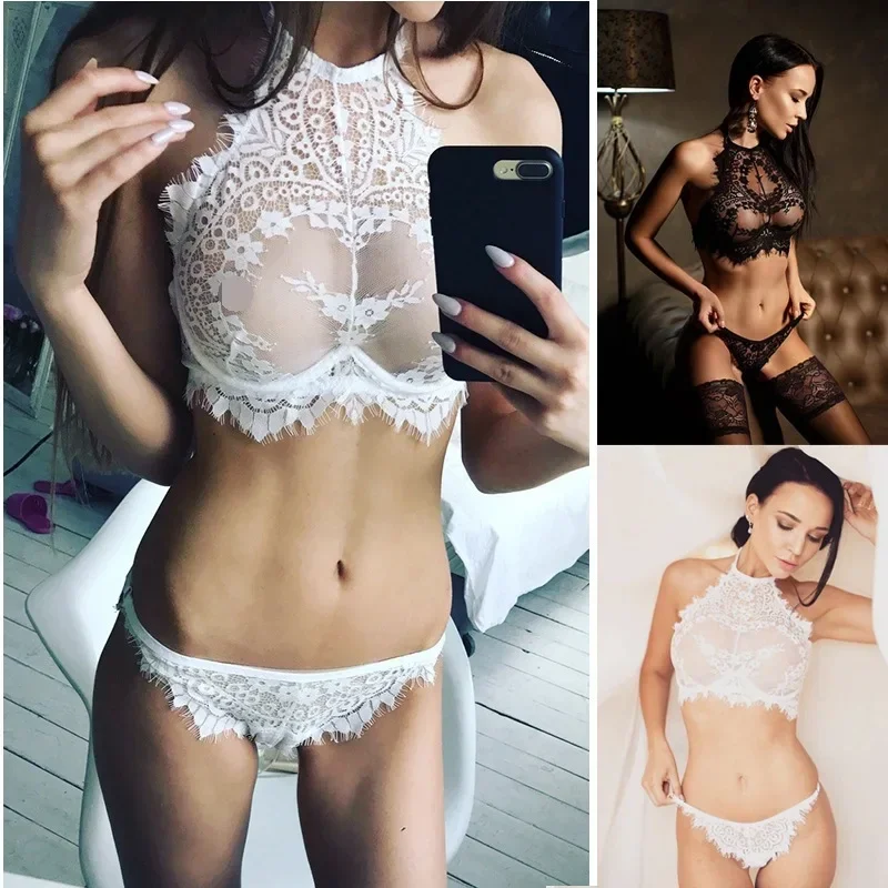 Sexy Lace Perspective Three-point Bra Set For Women Halter Full Chest Printing Bra Night Beautiful Sexy Women Sexy Lingerie New image 4