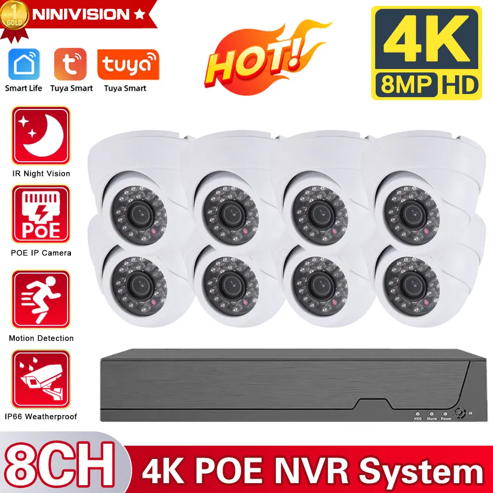 

Tuya H.265 4K Ultra HD CCTV Video Surveillance Kit 8MP 8CH POE NVR Kit Outdoor Waterproof POE IP Dome Security Camera System Set