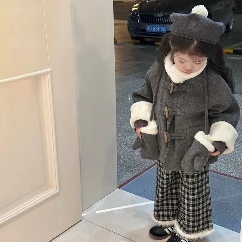 

Girls Gray Thickened Woolen Coat Top 2024 Autumn and Winter New Style Fashion Simple Casual Coat Korean Simple Style Top