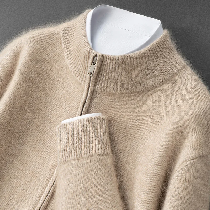 Autumn Winter Knitted Men's Cardigan Half Turtleneck Thickened Coat with Zipper Pockets 100% Cashmere Sweater Men's Clothing