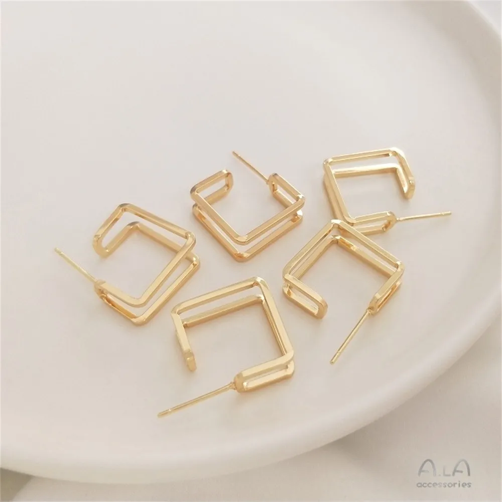 Geometric Square Double Layer Stud Earrings 925 Silver Pin Earrings Simple Trendy Korean Earrings 14K Gold Color E075