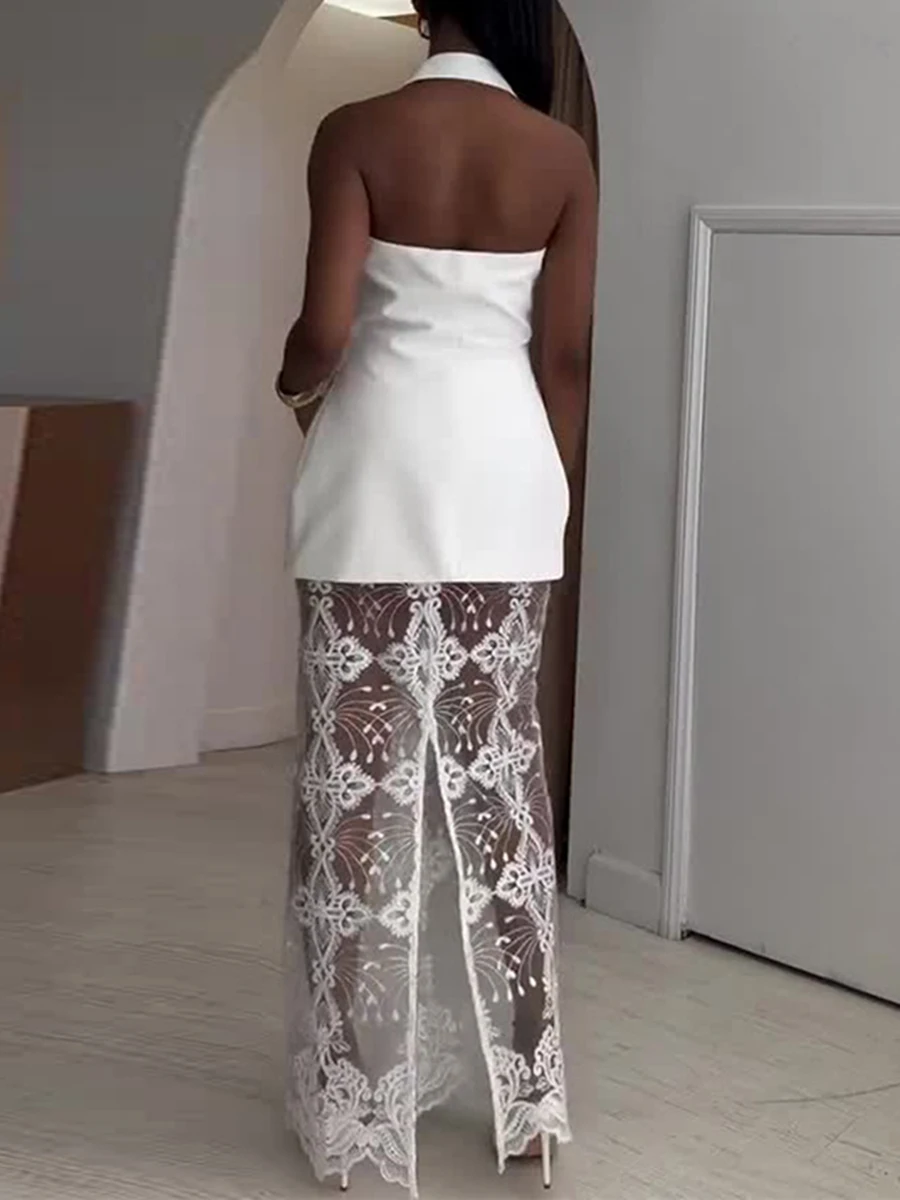 TWOTWINSTYLE Button Spliced Lace Slimming Two Piece Set for Women Lapel Collar Sleeveless Top High Waist Maxi Skirt Sets Female