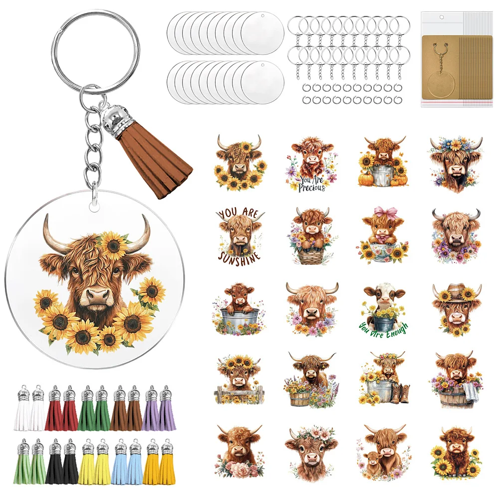 160Pcs Acrylic Keychain kit with UV DTF Cold Transfer Stickers Highland Cattle and Sunflower Waterproof Round DIY Acrylic Key