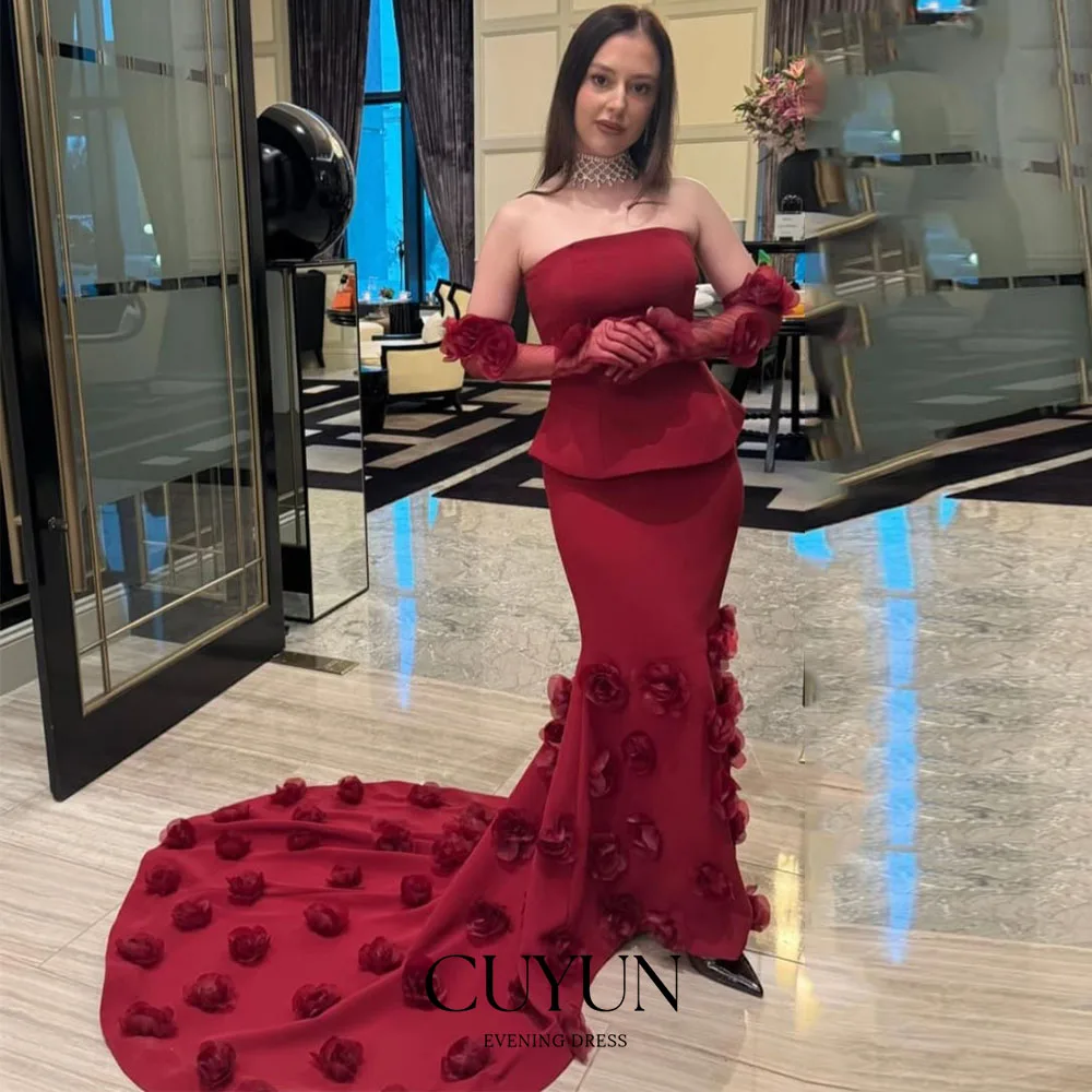CUYUN Luxus Rot Abendkleider Sexy 3D Blumen Ärmellose Liebsten Elegante Prom Kleider Party Angepasst Vestidos De Noche