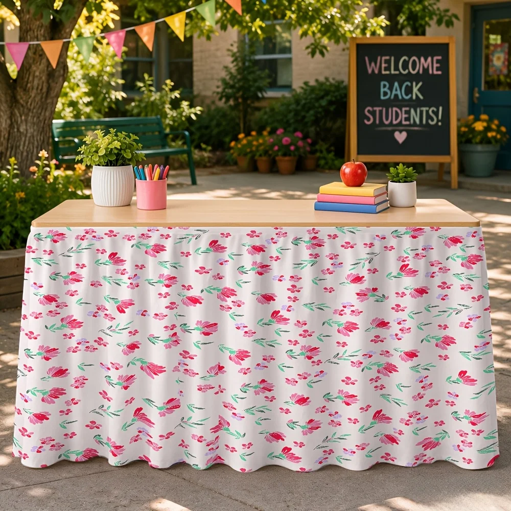 2D flat banner1 Halloween-themed table dress tablecloth, small pink floral print