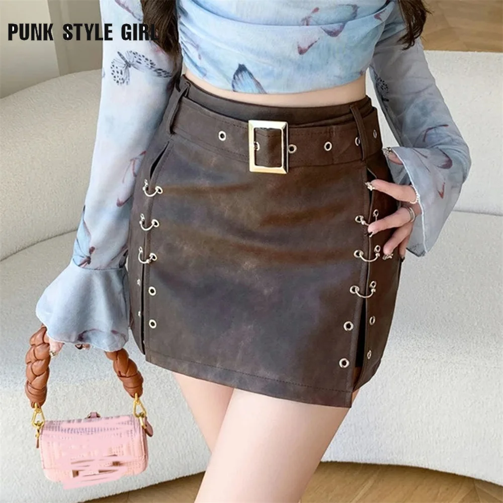 2025 Damen Kaffee A-Linie PU Lederrock Vintage Streetwear 90er Jahre Ästhetik Y2k Sommer Harajuku Koreanischer Minirock 2000er Jahre Kleidung