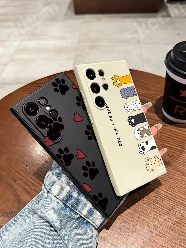 Cat Footprints Love Print Phone Case For Samsung Galaxy S24 Ultra S23 FE S22 S20 Plus A15 A35 A50 A51 A54 A55 A71 A72 A73 Cover