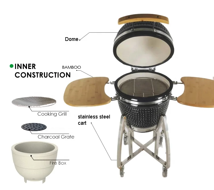 Factory 18 Inch Mullite Ceramic Kamado Grill EN1860 Certified Charcoal BBQ Smoker with Trolley