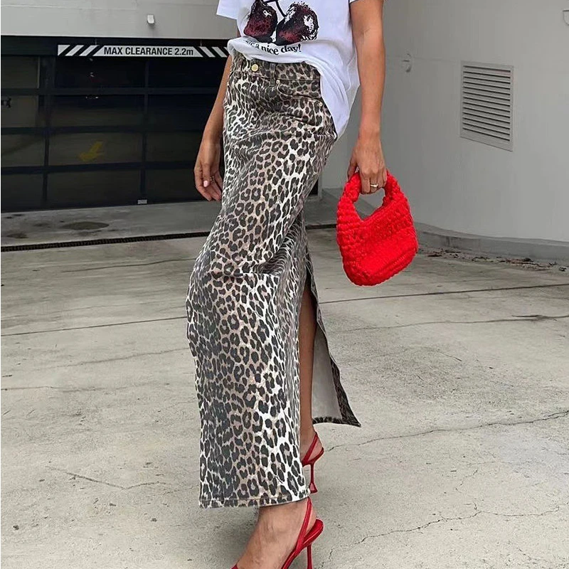 Deeptown Leopard Print Long Skirt Women Vintage Sexy Y2k Streetwear Midi Skirts Fashion High Waist Retro Casual Slit Denim Skirt