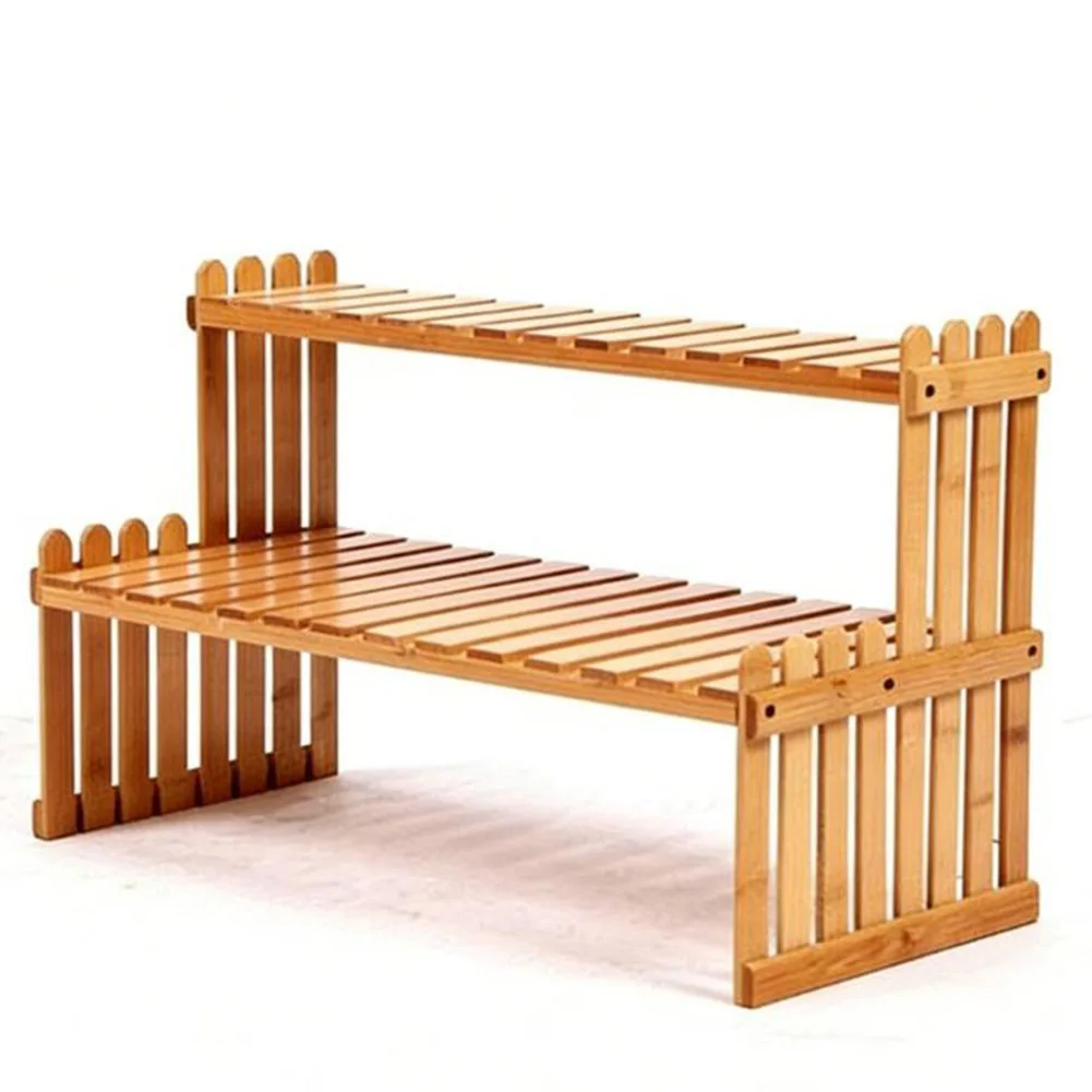 Natural Wood 2 Layer Plant Stand Shelf Desktop Flower Pot Holder Display Storage Rack For Home Garden Office Desk Organizer