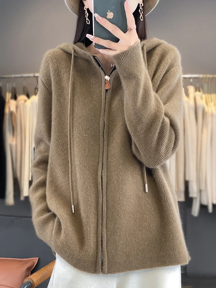 

100% Merino Wool Women Sweater Hooded Solid Autumn Winter Knitted Cardigan Casual Outerwear Long Sleeve Cashmere Clothing Jacket