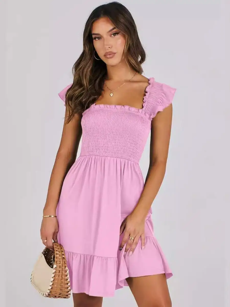 Novo Vestido de Verão F 2024, Vestido de Camadas com Cintura Alta, Costas Descobertas, Mangas Bufantes, Saia Curta, Mo...