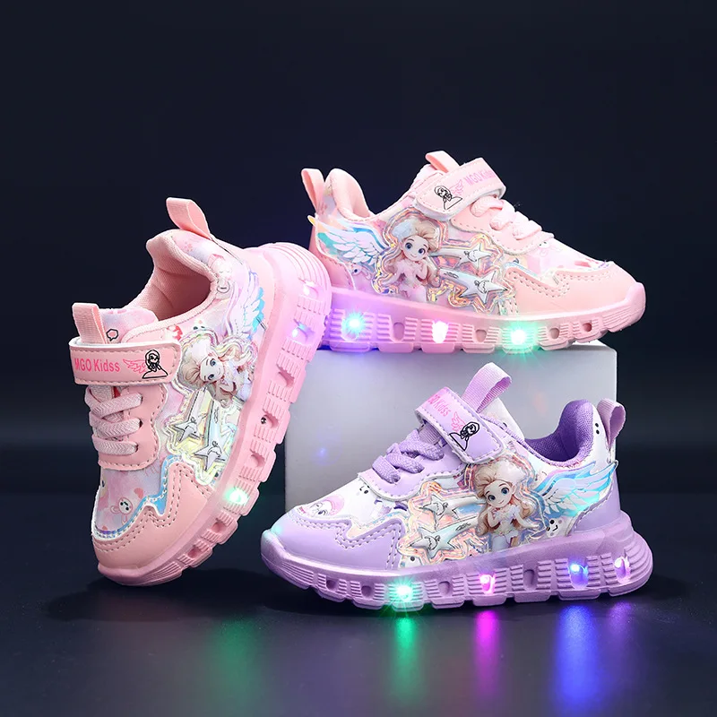 

Disney Kids Girls Shoes Children Sneakers Girls LED Light Elsa Frozen Princess Casual Sport Shoes Student Pink Purple Teen Shoes