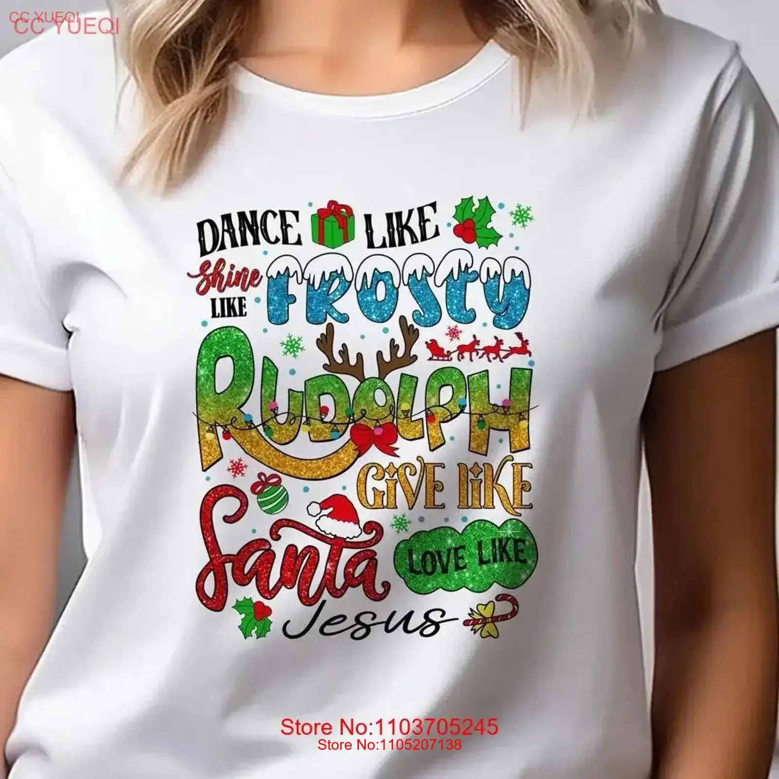 الرقص مثل فروستي شاين رودولف إعطاء سانتا الحب يسوع عيد الميلاد بيلا قماش طاقم الرقبة تي شيرت DTF 50139 خمر غسلها عادية