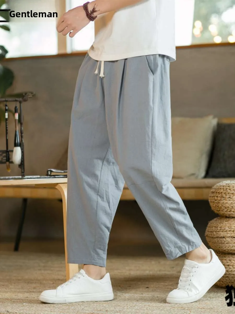 

Spring Summer New Men's Casual Pants Loose Cotton Linen Straight Tube Simple Color Long Trousers Daily Wear Comfortable Fit
