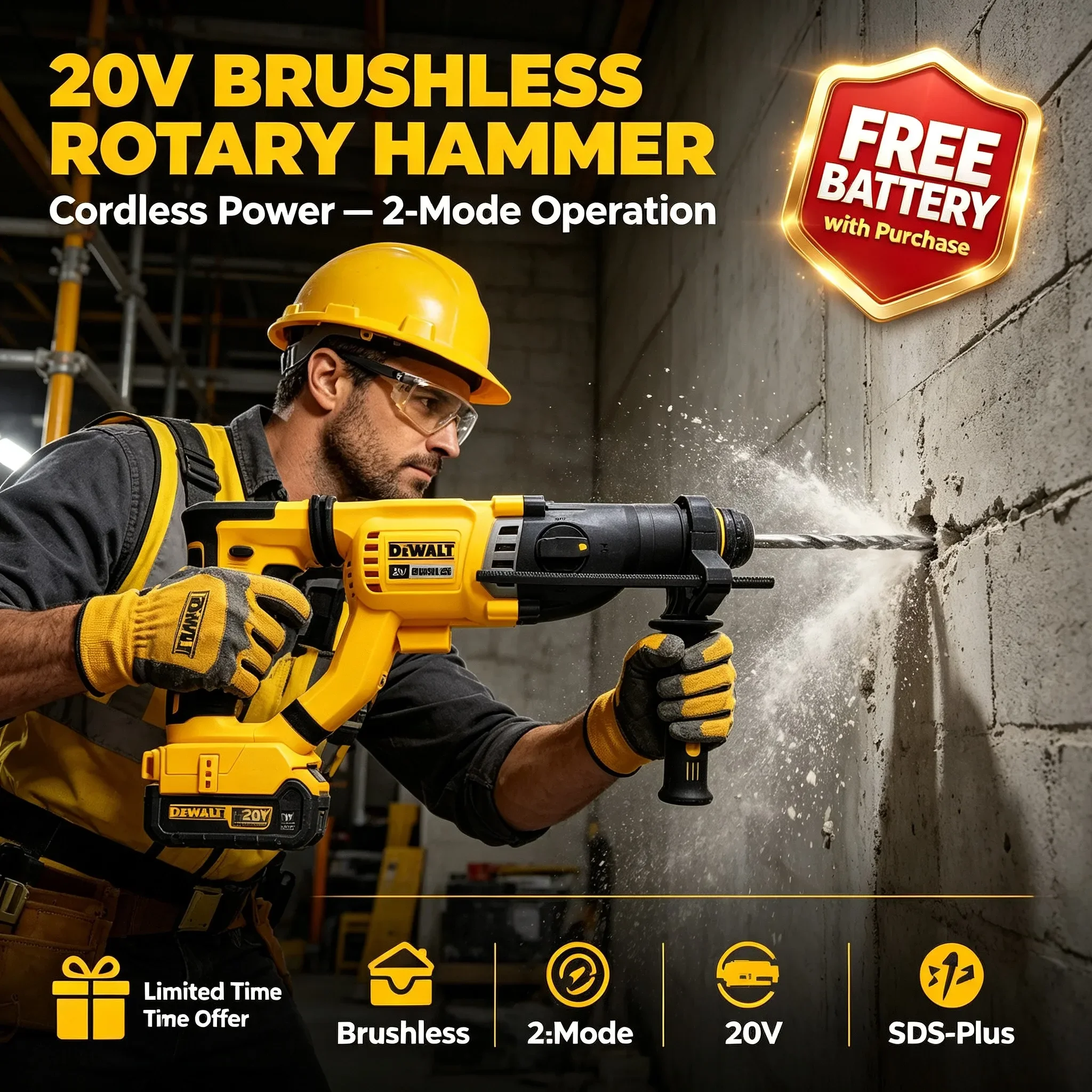 DEWALT DCH263 Brushless Cordless Hammer, Steady Impact for Dense Concrete & Blockwork, Tool Only