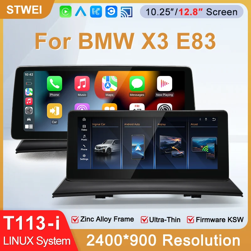 STWEI 2026 Nuevo Sistema Linux Delgado de 12.8 Pulgadas con Resolución 2400X900 para BMW X3 E83, Reproductor Automático con CarPlay Inalámbrico, Pantalla USB con Cable KSW