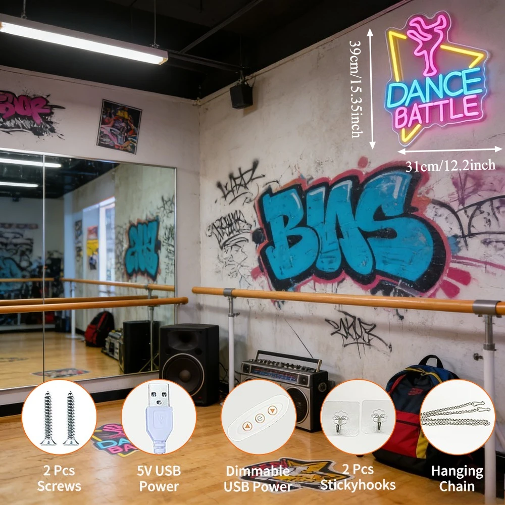 Dance Battle LED Neon Sign Dimmable USB Wall Light for Dance Studio Gym Workout Room Hip Hop Club Competition Party Wall Decor