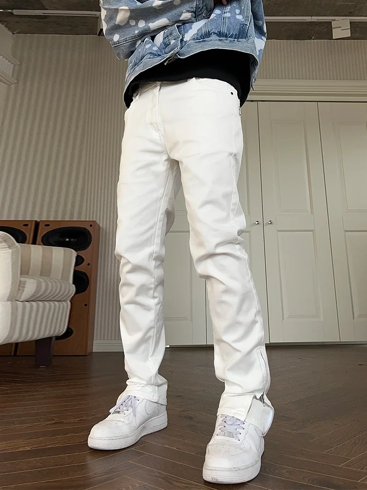 

Spring American Sle Straight Leg Jeans Adjustable Cuff Slim Fit Zipper White Denim Long Pants ex Casual Faion