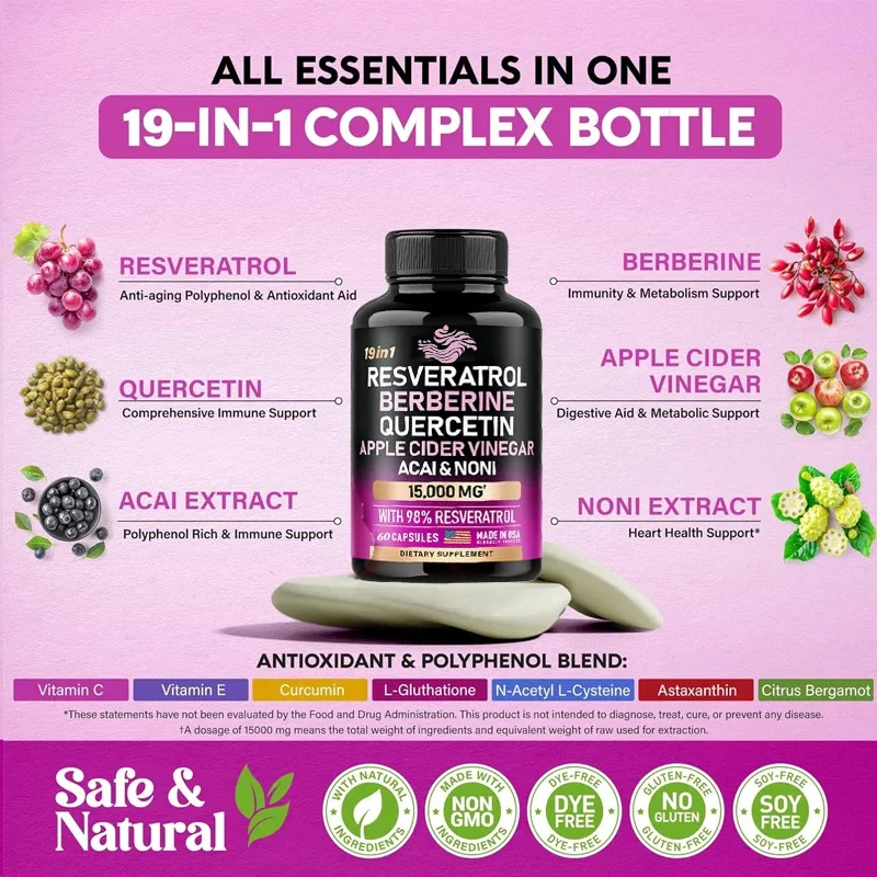

Resveratrol 60 капсул Добавка 15000 мг 19-в-1 Комплекс органического полифенола Астрарат Кварцетин Уксус Антиоксидант