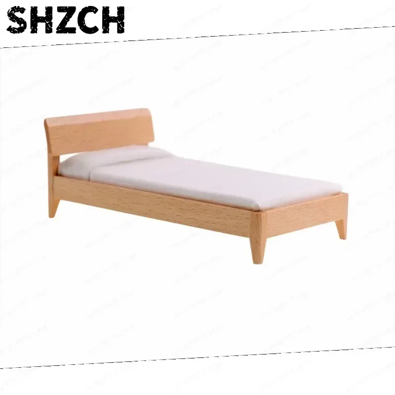 1:12 Doll House Single Bed with Mattress Wood Miniature Furniture DIY Cottage Decoration