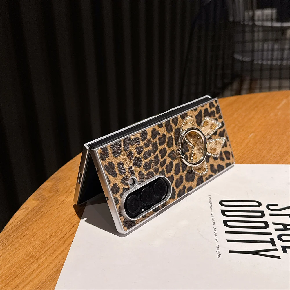 حافظة لهاتف سامسونج جالاكسي Z Fold6 fold5 4 3 Fold7 من الجلد الفاخر الماسي مع حامل حلقي حافظات لطيفة #5