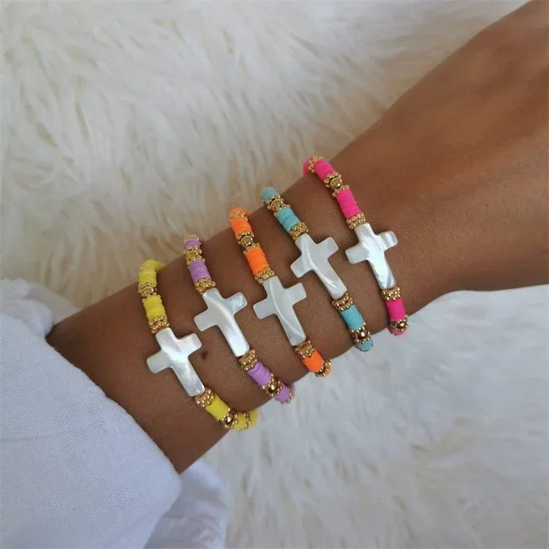CCGOOD Handmade Christian Cross Bracelet for Women Faith-Based Boho Jewelry Polymer Clay Beads Stretch Stackable Spiritual Gift