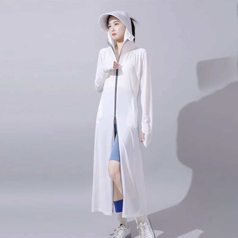 Summer Women Hooded Sun Protection Long Trench Coat With Hand Cover Design Breathable Thin Cool Fabric Cosy Clothing  Outerwear