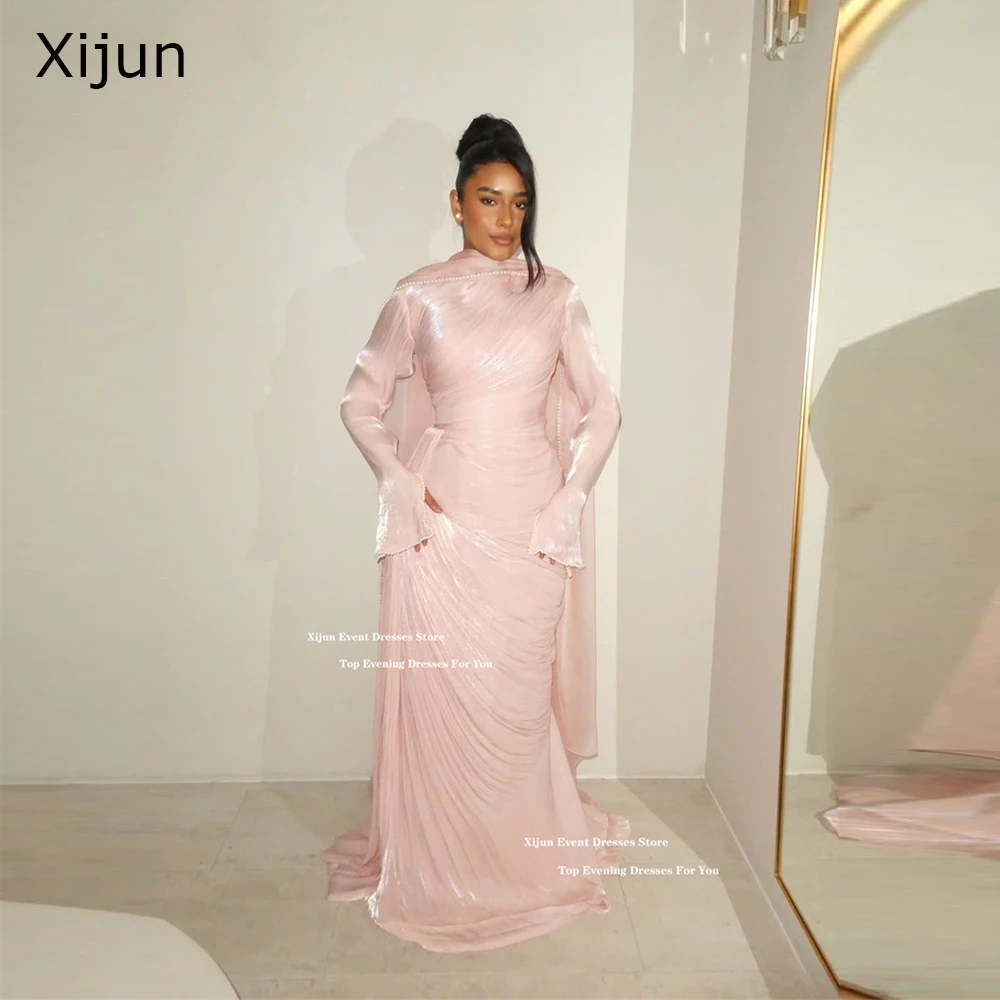 Xijun Modest Pink Long Evening Dresses Full Sleeves Pearls Muslim Prom Dresses Pleated Luxury Dubai Xijun Modest Pink Long Evening Dresses Full Sleeves Pearls Muslim Prom Dresses Pleated Luxury Dubai