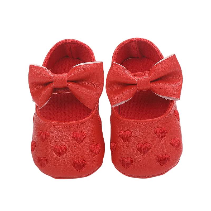 Mary Jane zapatos antideslizantes para bebés, zapatos de vestir de princesa con corazón, planos suaves con lazo