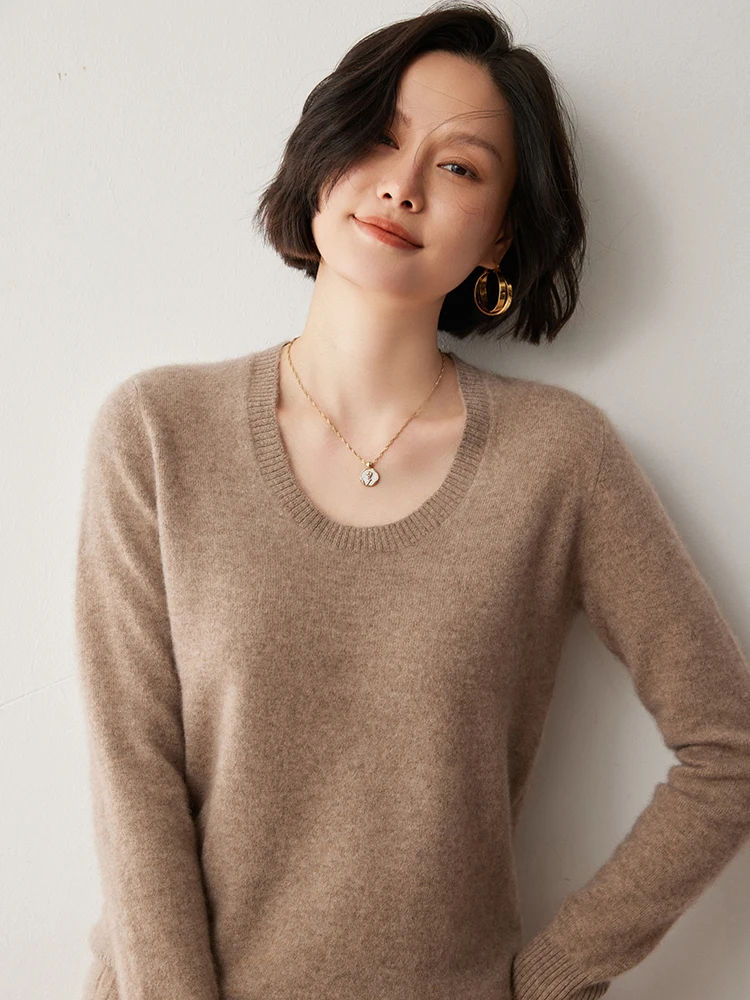 Autumn Winter High-end 100% Cashmere Sweater Women's Pullover Knitwear U-neck Solid Versatile Soft Basic Long Sleeve Tops