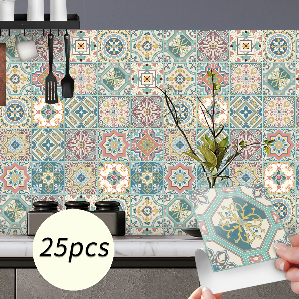 25pcs Boho Style Flower Pattern Tile Wall Sticker Waterproof Self-Adhesive Panel For Kitchen Living Room Bathroom Corridor decal