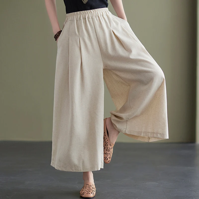 Casual algodão linho cor calças de perna larga solto ajuste feminino plus size a linha confortável cintura elástica