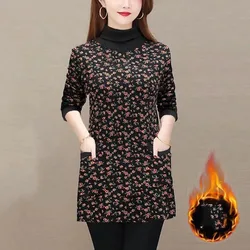 Thickened 2023 New Autumn and Winter Women's Fashion Pullover High Collar Patchwork Printing Pockets Priming Long Sleeved Tops