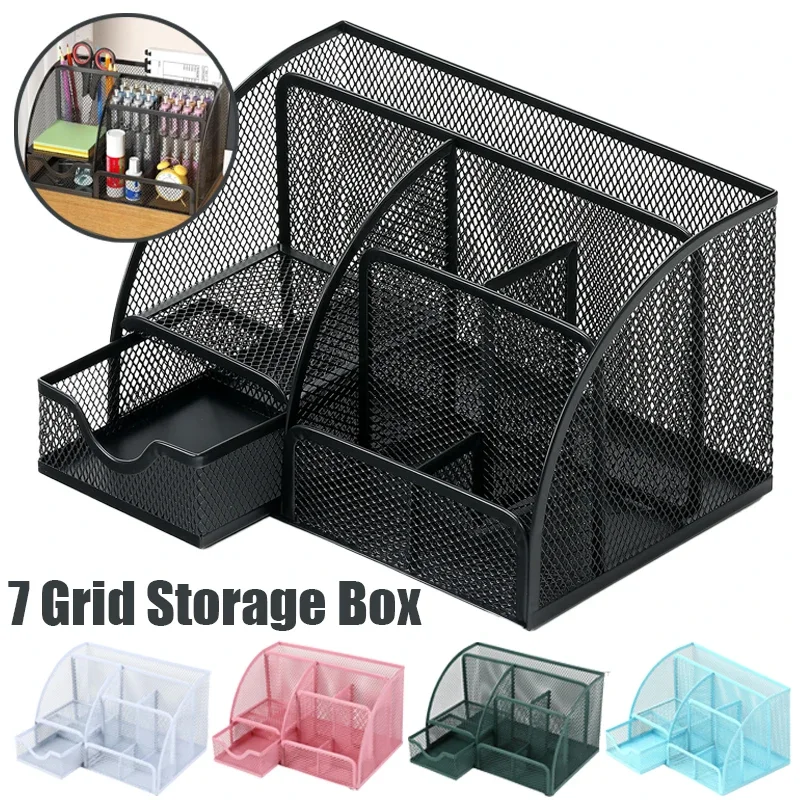 

Desk Stationery Organizer Creative Metal Pen Holder Pencil File Storage Rack 7 Grid Storage Box Divided Container Office Access