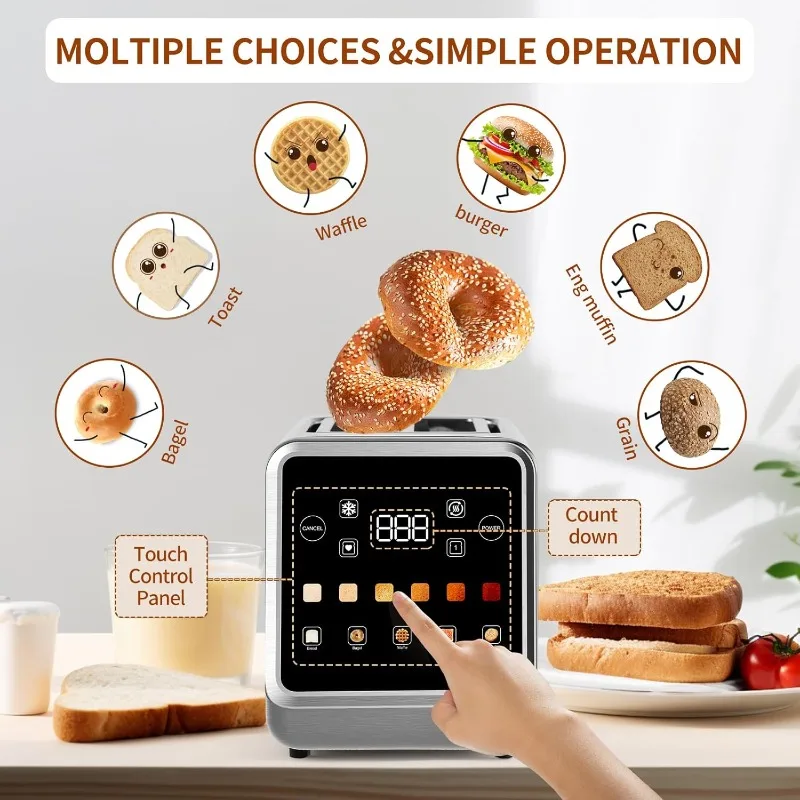 2 Slice with LCD Display Stainless Steel Digital Timer Toaster 6 Bread Types With Bagel Cancel,Defrost Functions