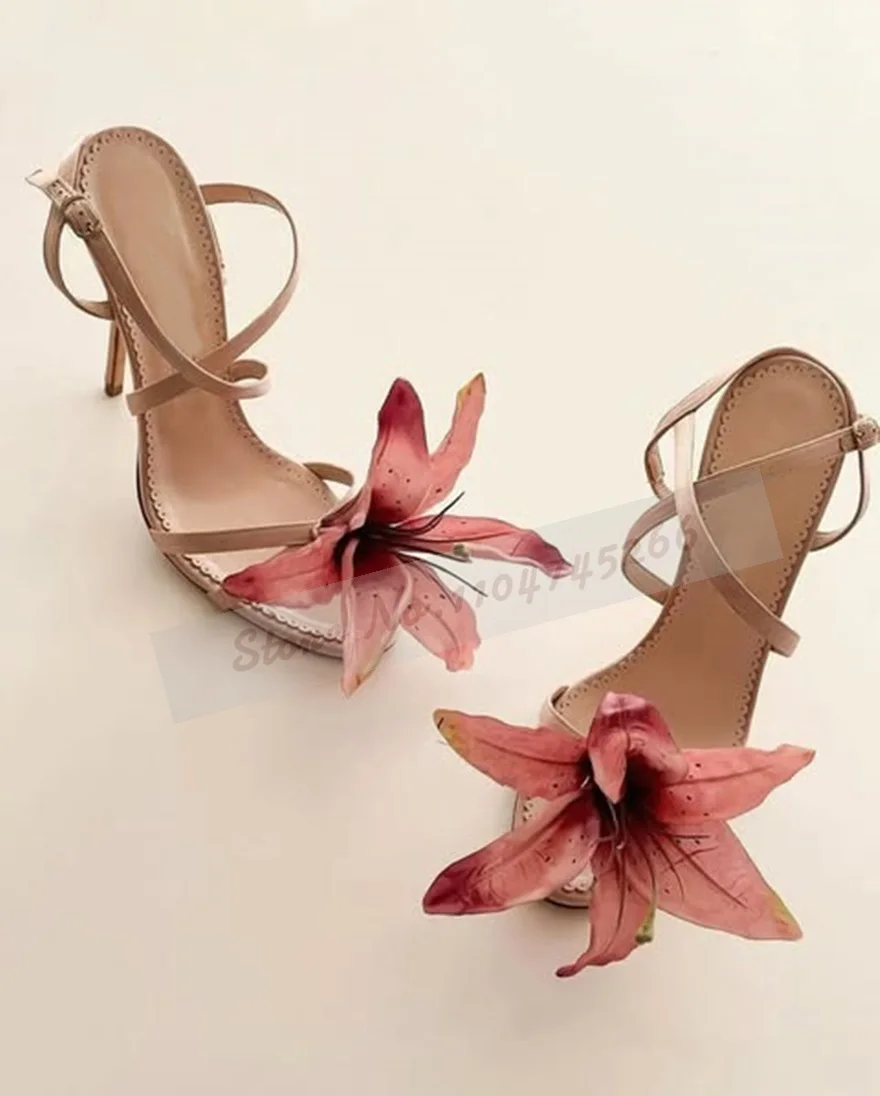 

Women 3D Lily Flowers High Heel Sandals Nude Patent Leather Thin Strappy Summer Dress Shoes Blossom Floral Wedding Shoes